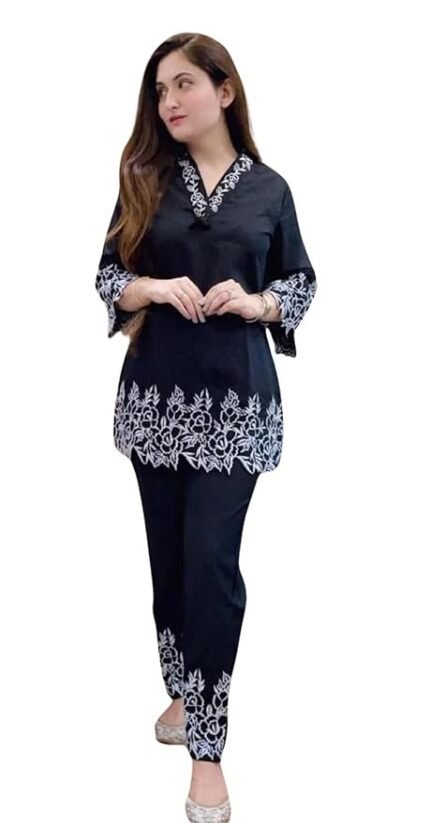 Women's Rayon Fabric 3/4 Sleeves Collared Neck Thread Embroidery Cord Set