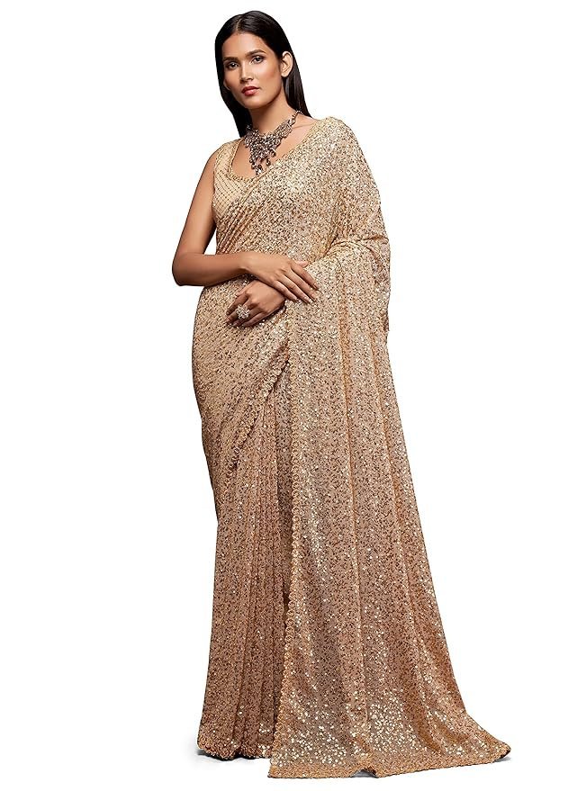 91iChxg65ML._SY879_ Women's Georgette Heavy Sequins Work Heavy Saree with Blouse (Latest-Sequins-Party-Saree) - Image 1
